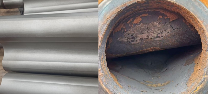 Uma foto de comparação lado a lado mostrando um rotor de ferro fundido imaculado ao lado de um rotor severamente corroído e com pites.