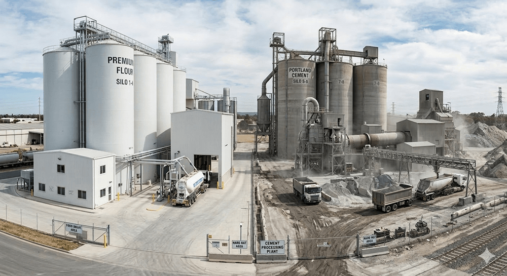 Uma instalação industrial mostrando uma área de silos de farinha limpa e uma área de processamento de cimento pesado lado a lado